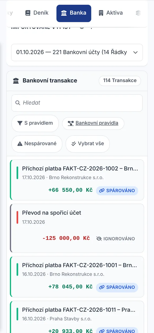 Mobilní aplikace Bidmio – Párování plateb: Platby z banky se spárují s fakturami.