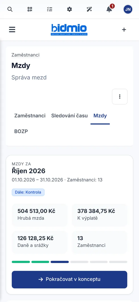 Mobilní aplikace Bidmio – Mzdy: Mzdové období s hrubou mzdou, výplatou a odvody.