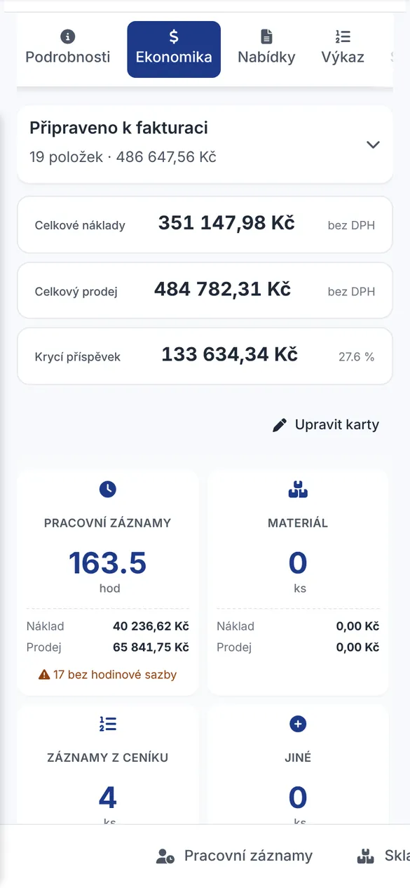 Mobilní aplikace Bidmio – Ekonomika zakázky: Náklady, prodej a krycí příspěvek z hodin, materiálu a dopravy.