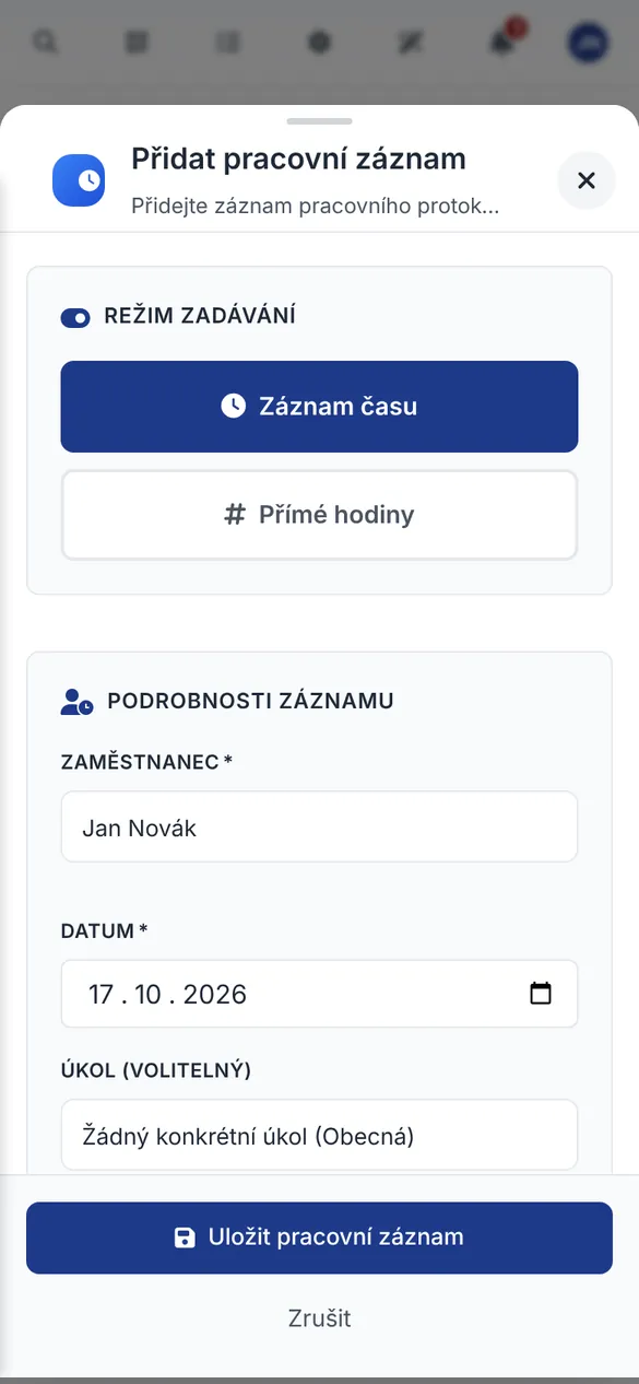 Mobilní aplikace Bidmio – Evidence času: Odpracované hodiny zapíšete přímo na zakázku, i diktováním.